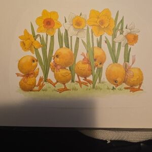 Vintage Easter Chick and Daffodil And A Bunny With Chicks Illustration